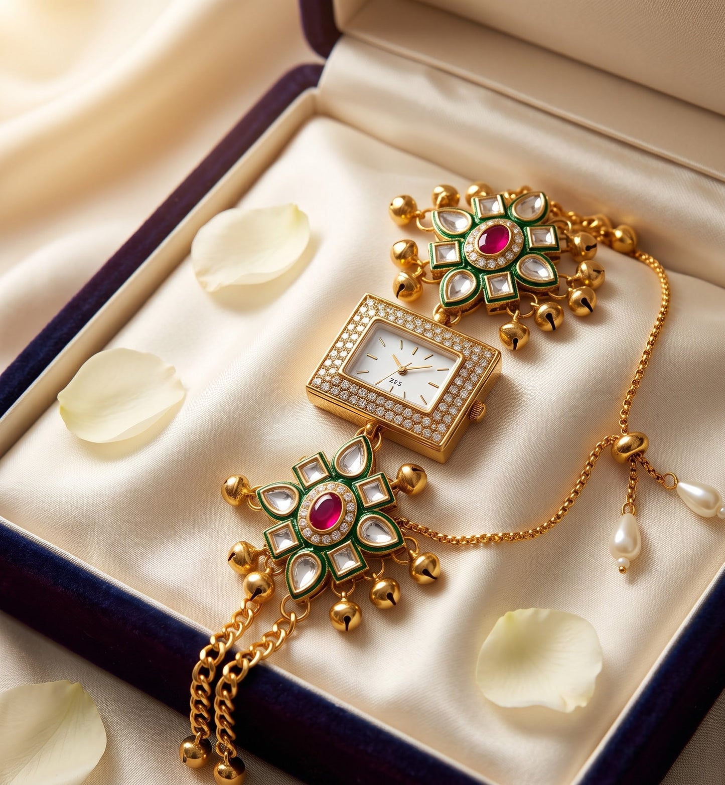 Ethnic Rectangular Ruby Green Kundan Ghungroo Watch