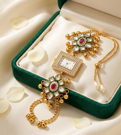 Ethnic Rectangular Ruby Green Kundan Ghungroo Watch